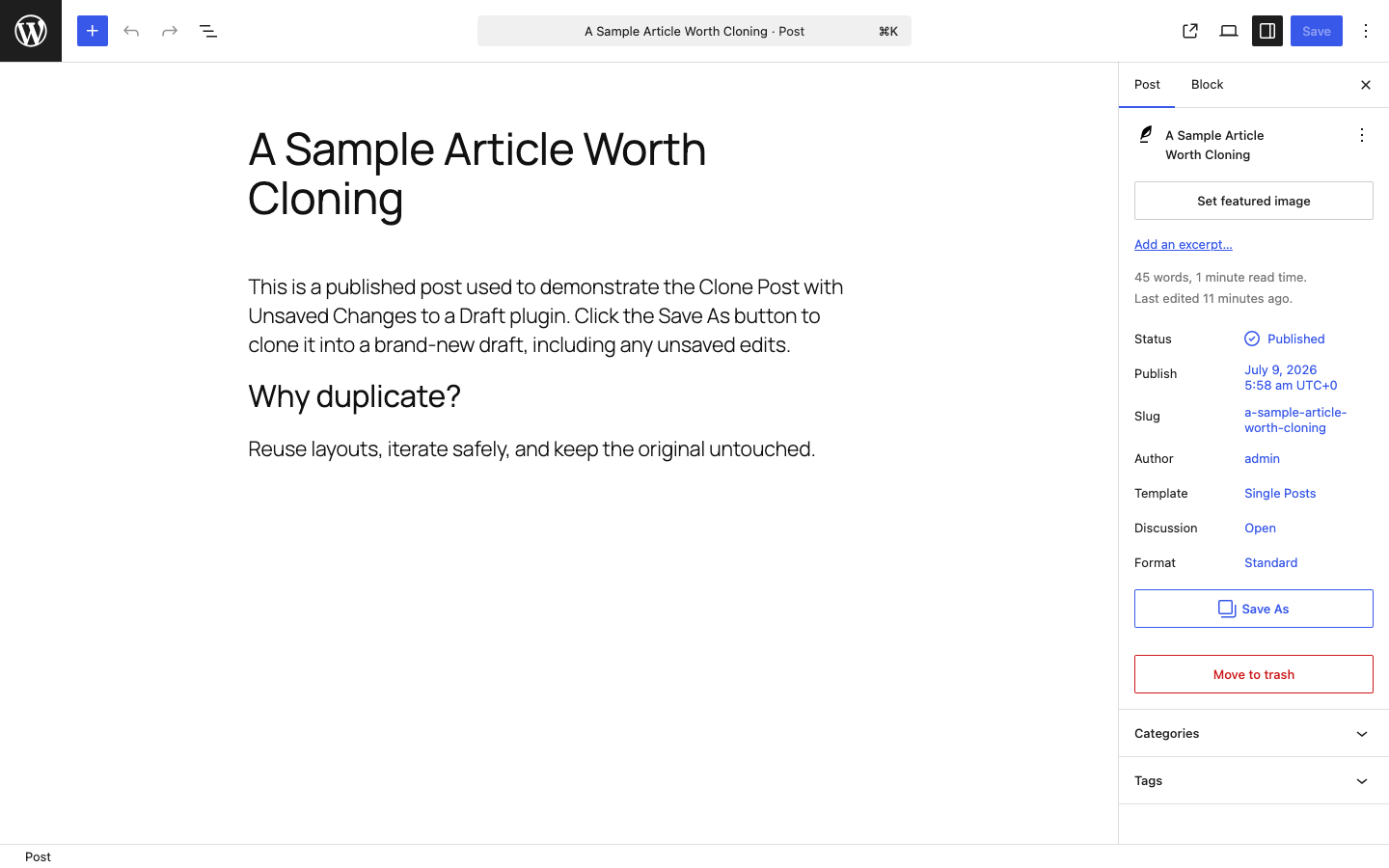 The Save As action in the post sidebar.
