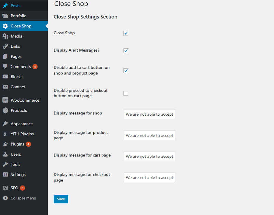 This is a screenshot of the Close Shop plugin settings.
