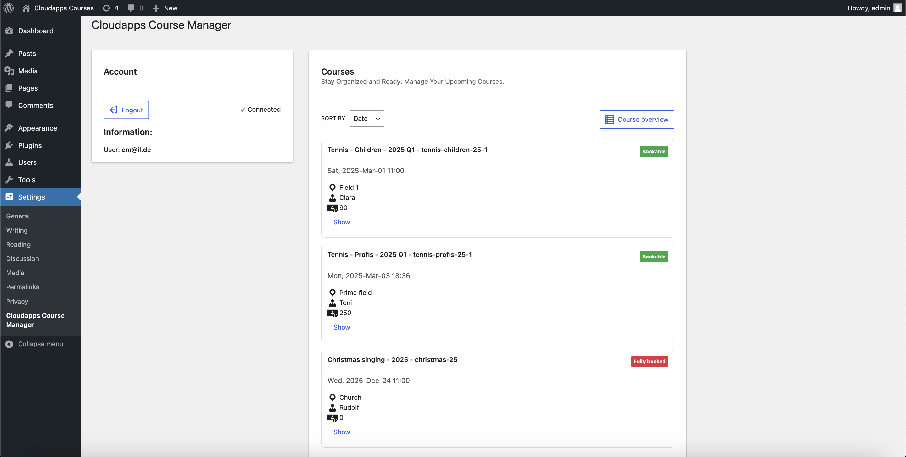 **Connected settings page:** The admin interface displaying active courses retrieved from Cloudapps after a successful connection.