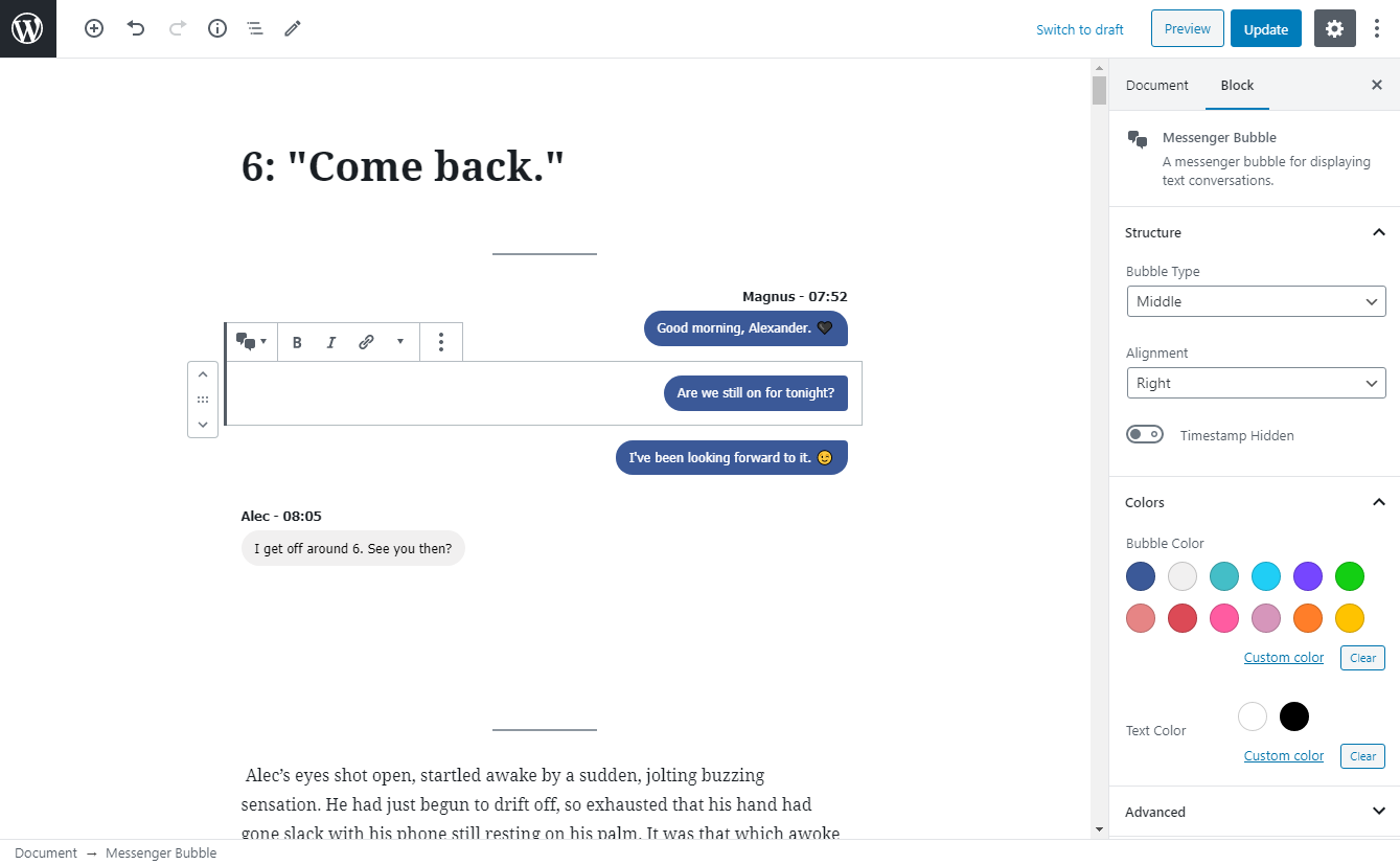 Text bubbles preview and settings in the Gutenberg Editor.