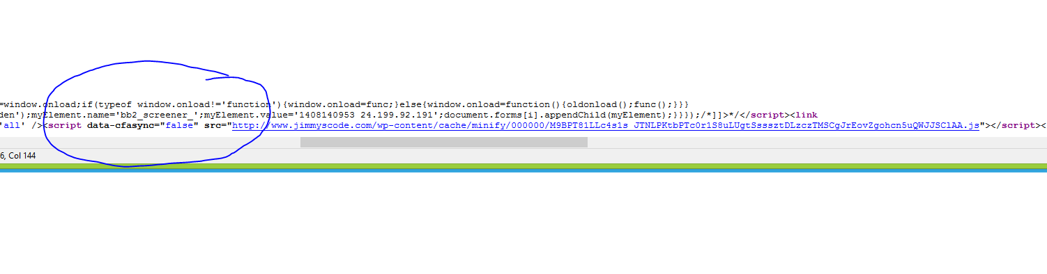 HTML source of a webpage showing attribute added to W3TC combined script