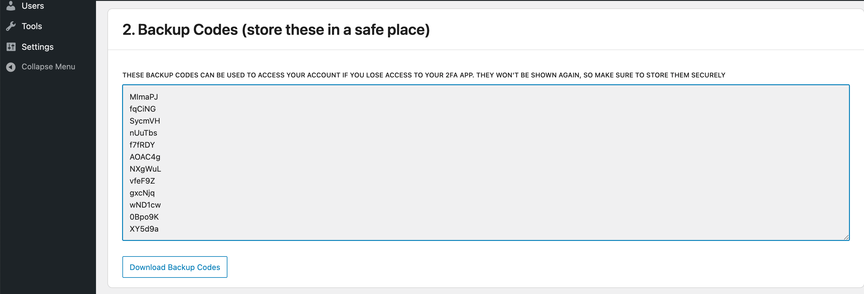 Backup recovery codes screen