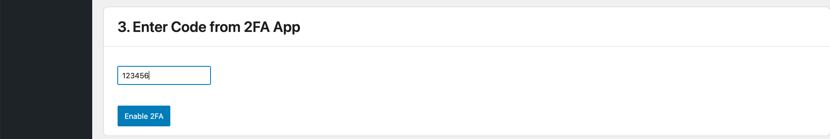 Enter code from 2FA app to enable it screen