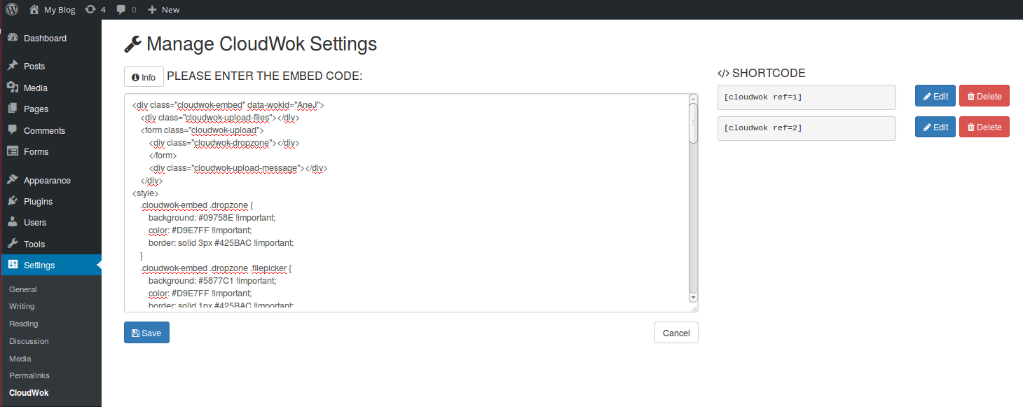 Paste the HTML code into the text area located at your WordPress admin sidebar (Settings > CloudWok) and click "Save".