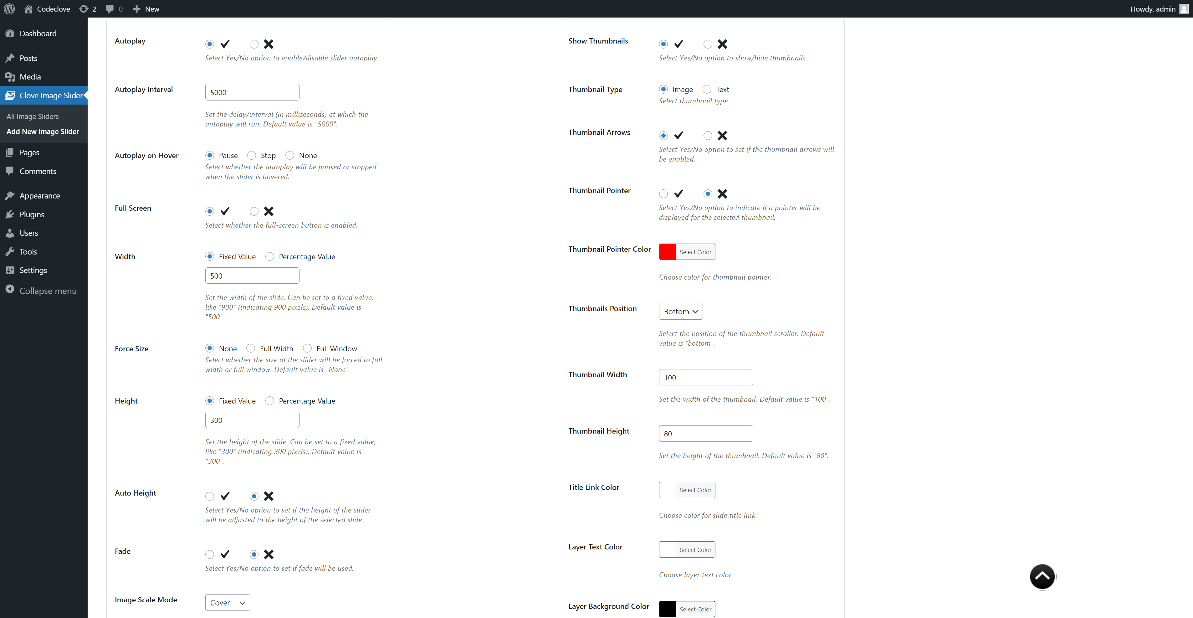 Slider customizations settings page
