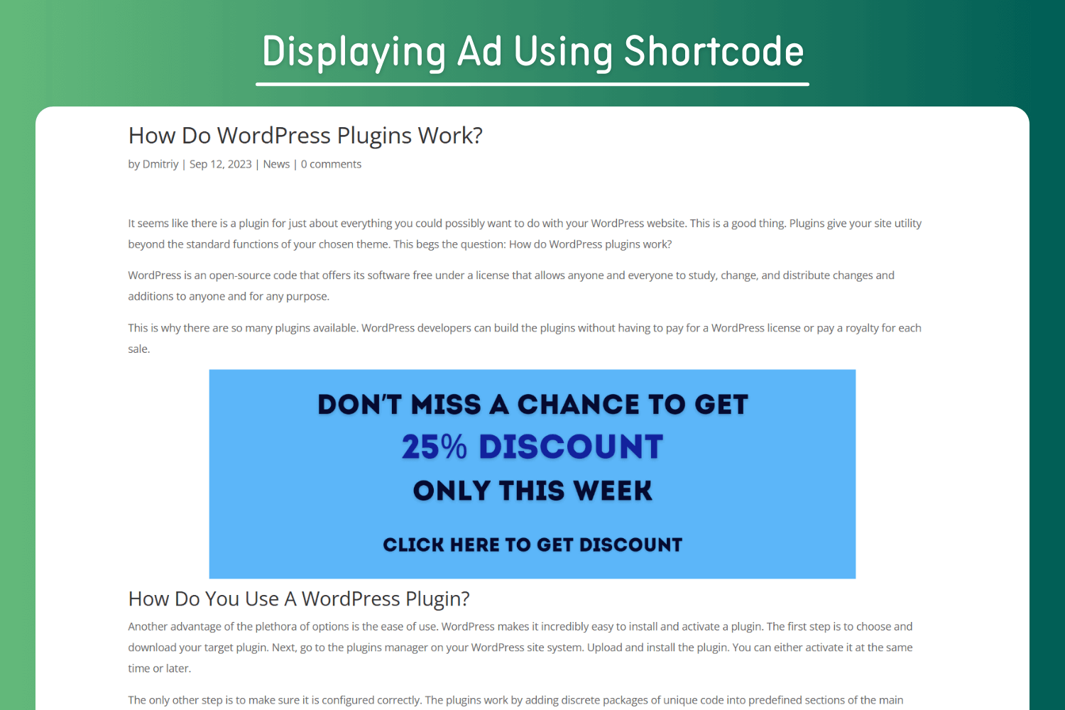 Displaying Ad Using Shortcode