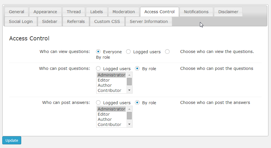 Plugin's Access Control Settings.