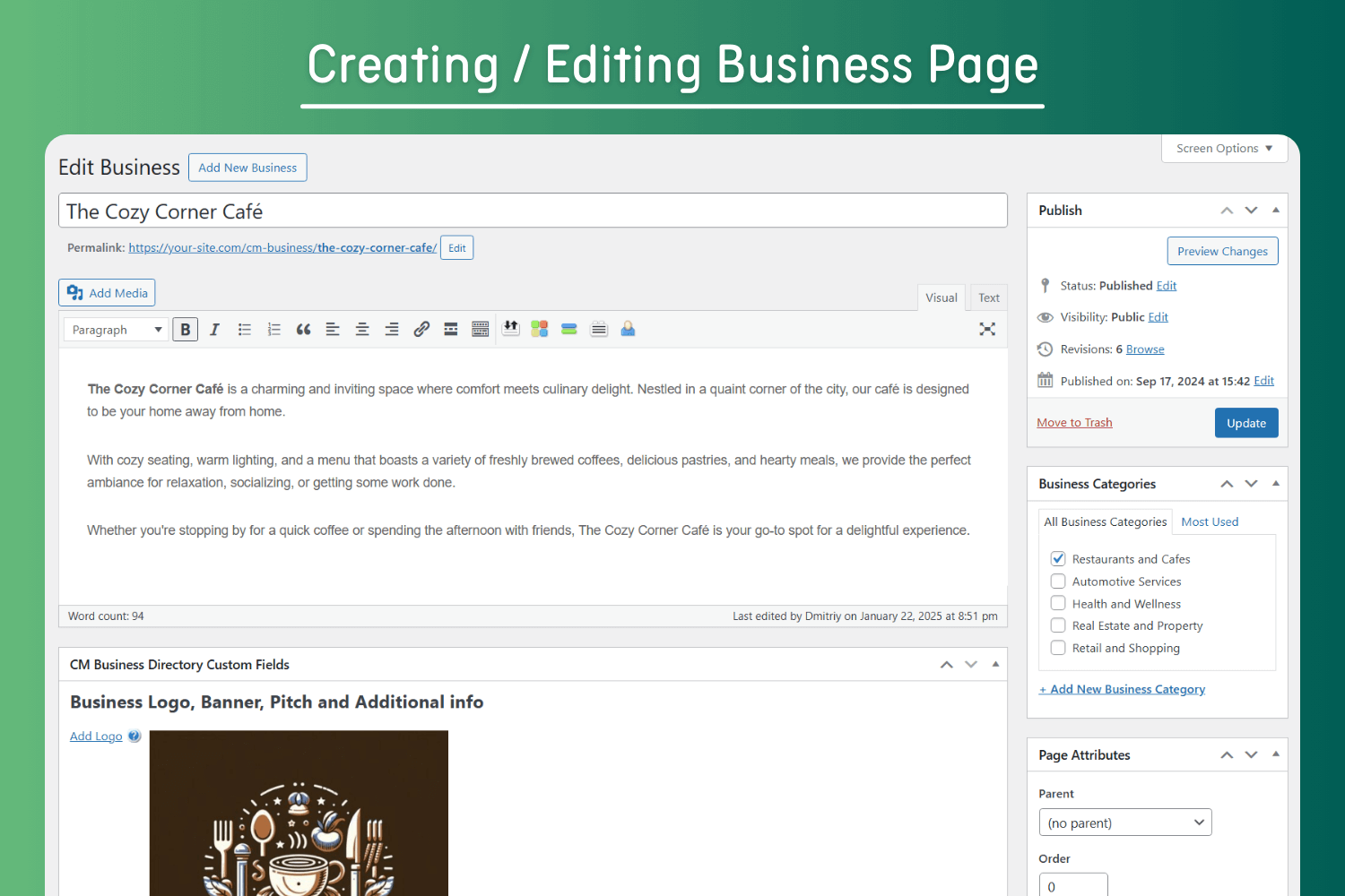 Business Page – Front-end Example