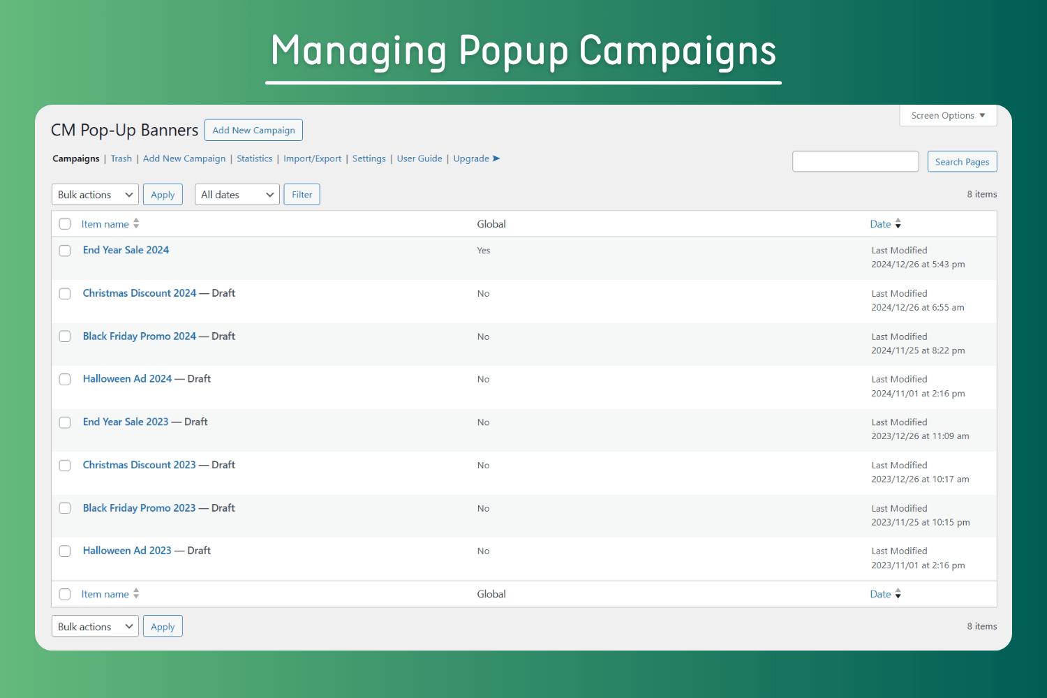 Managing Popup Campaigns