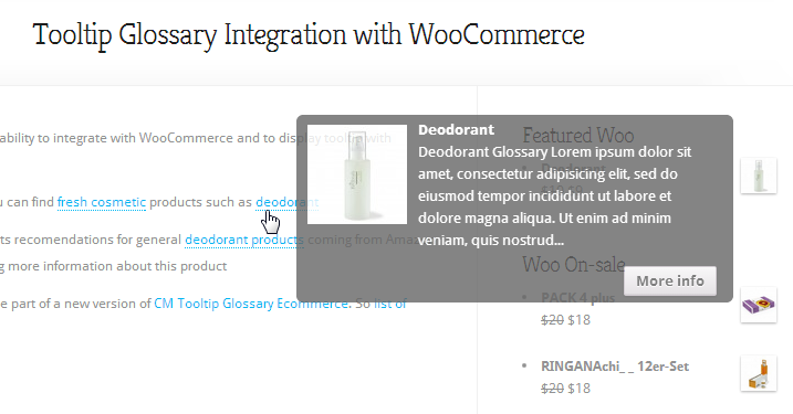 Example of tooltip with Woocommerce Product Recomendation.