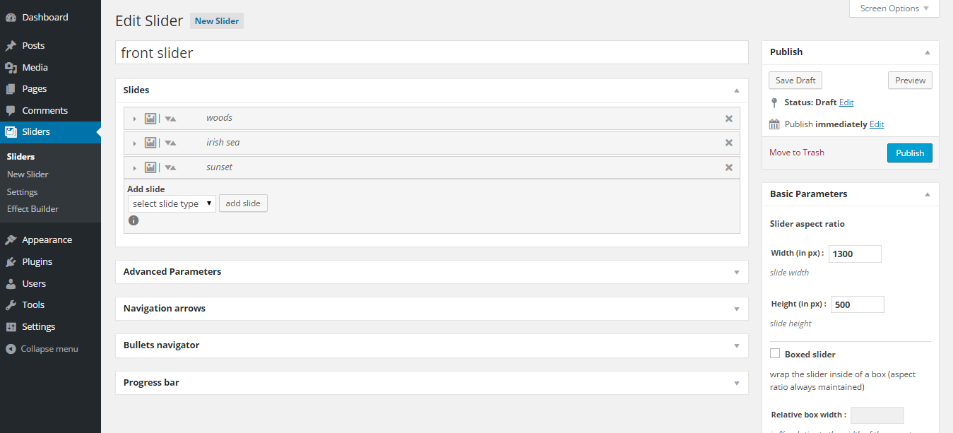 The slider edit page