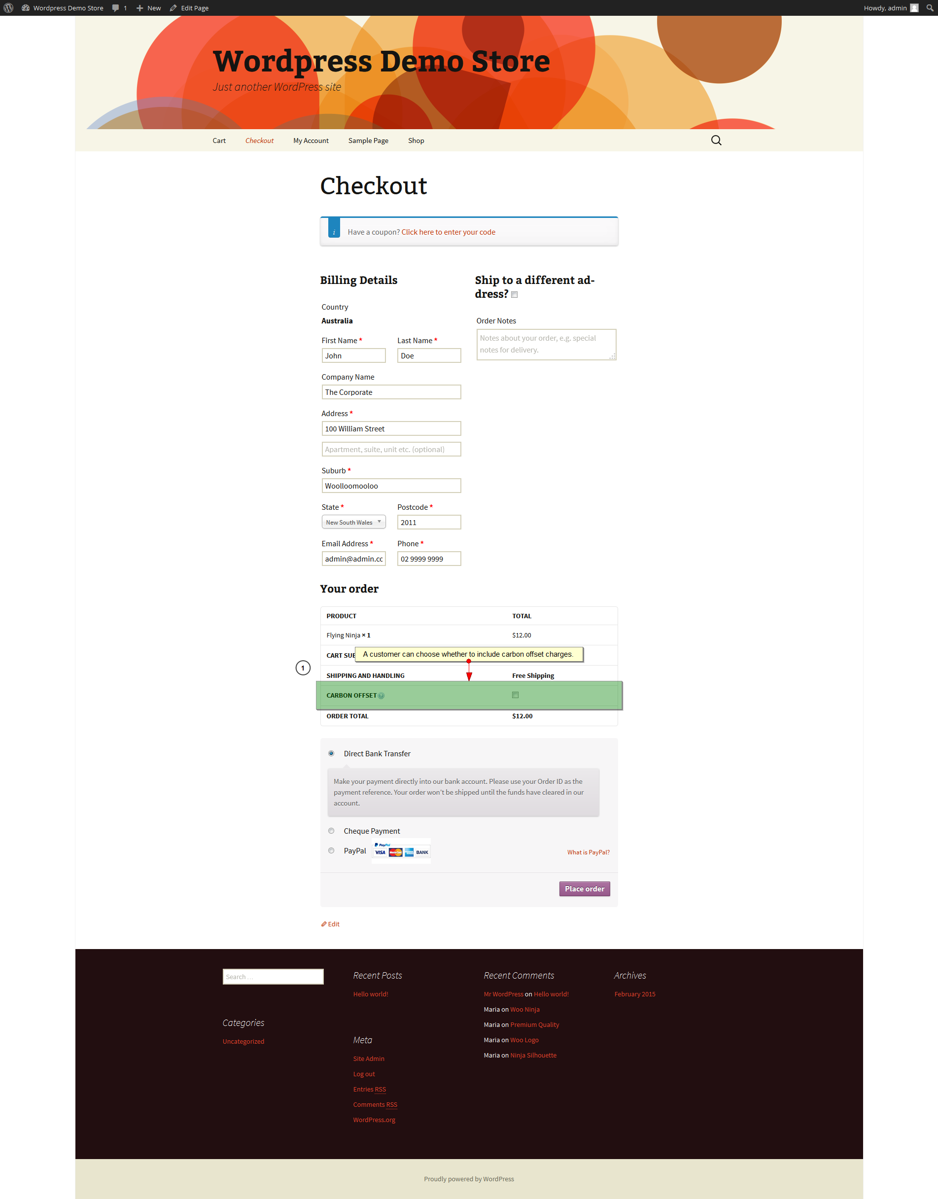 Checkout page with Carbon Offset option.