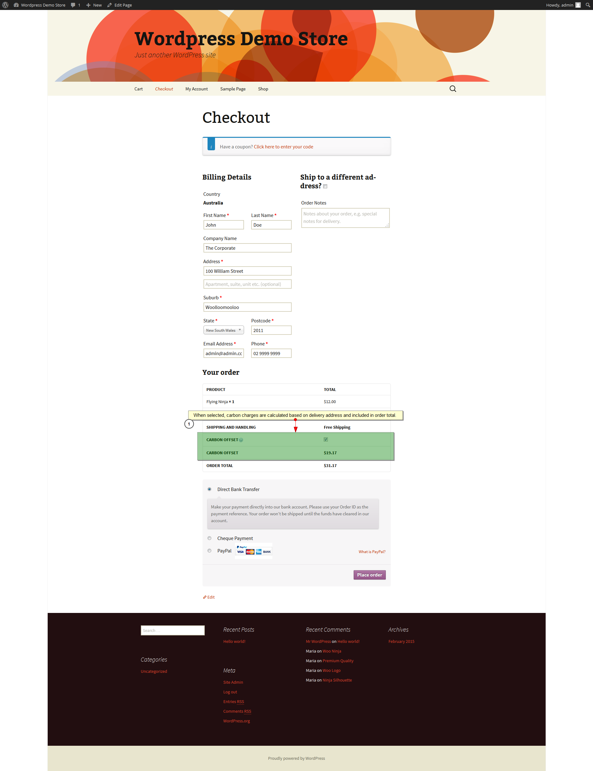 Checkout page with Carbon Offset option selected by customer.