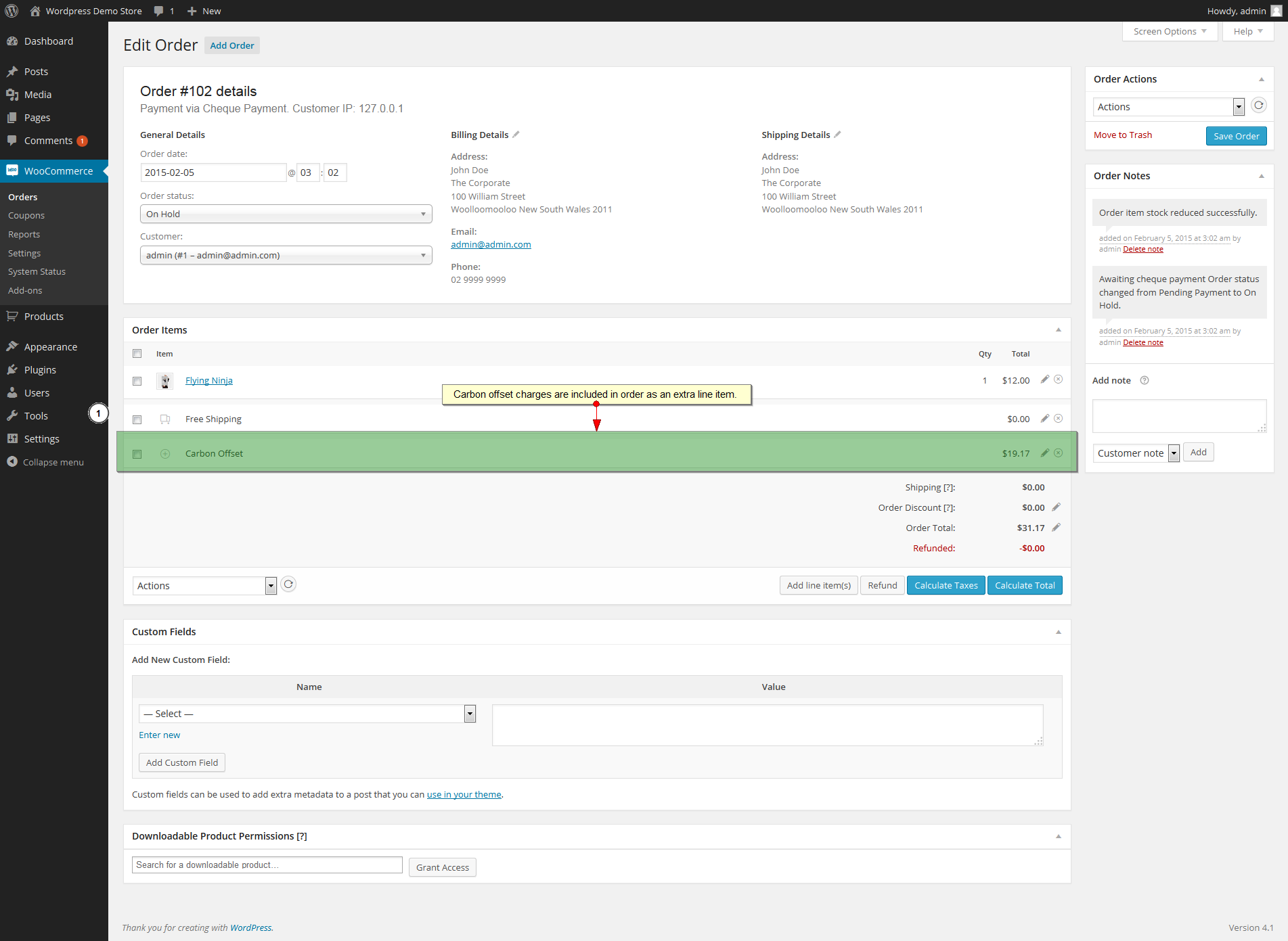 Admin - order detail page with carbon offset option included.