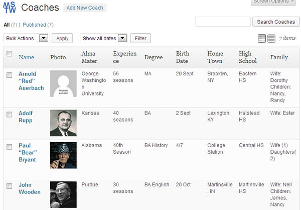 All Coaches admin page