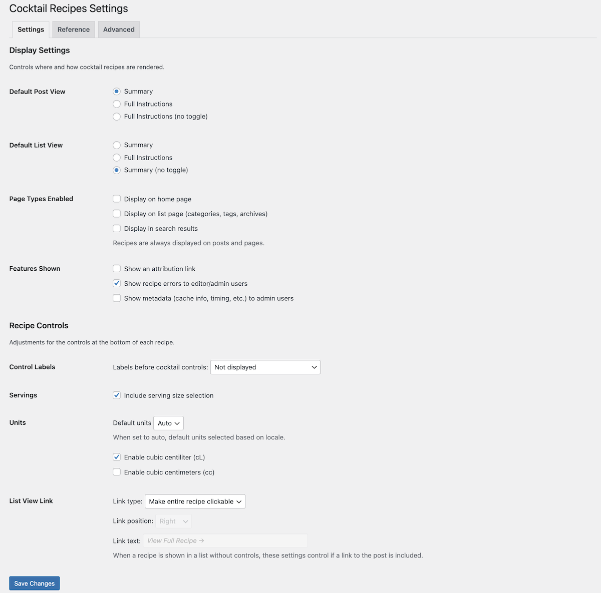 Settings page with display and control configuration options