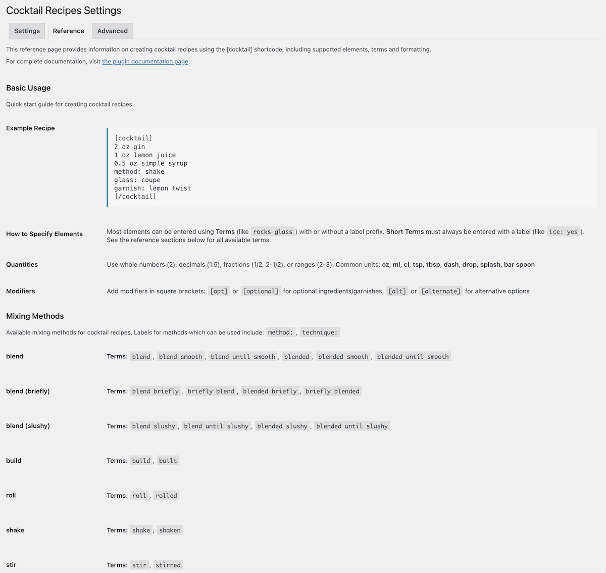 Reference tab showing usage guide and available mixing methods