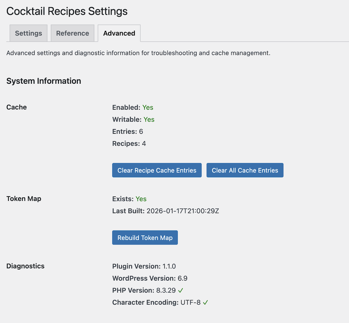 Advanced tab with diagnostic tools and cache management