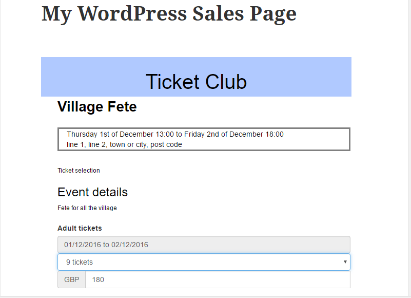 Example of a Coconut Tickets sales page displayed through the plugin.