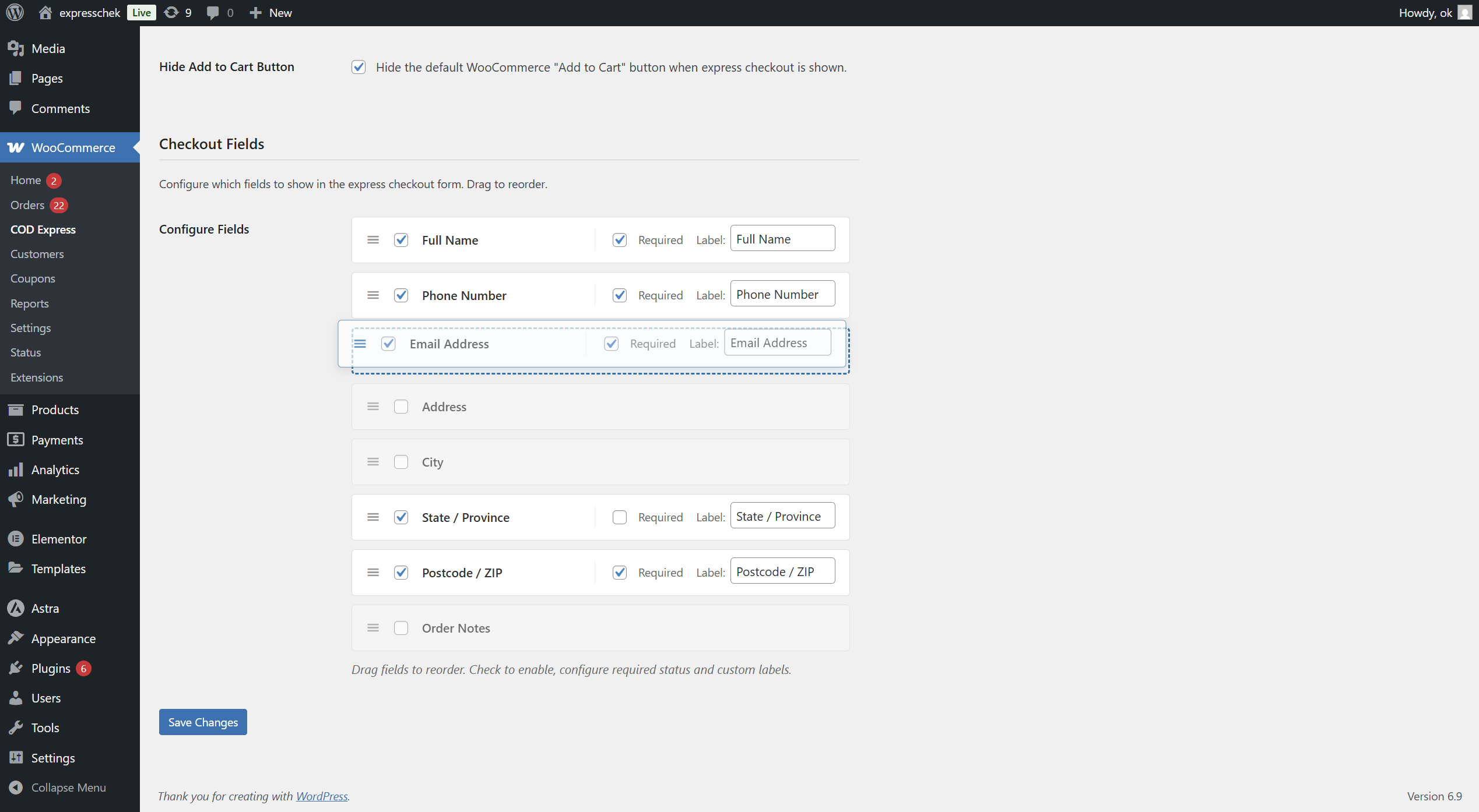 Admin settings - Field configuration with drag-and-drop