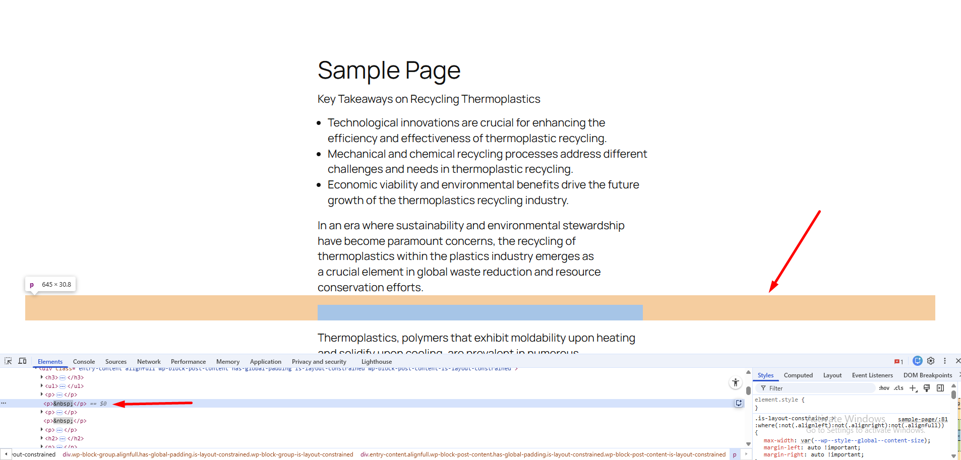 Frontend view of the WordPress page showing extra spacing and blank P Tag