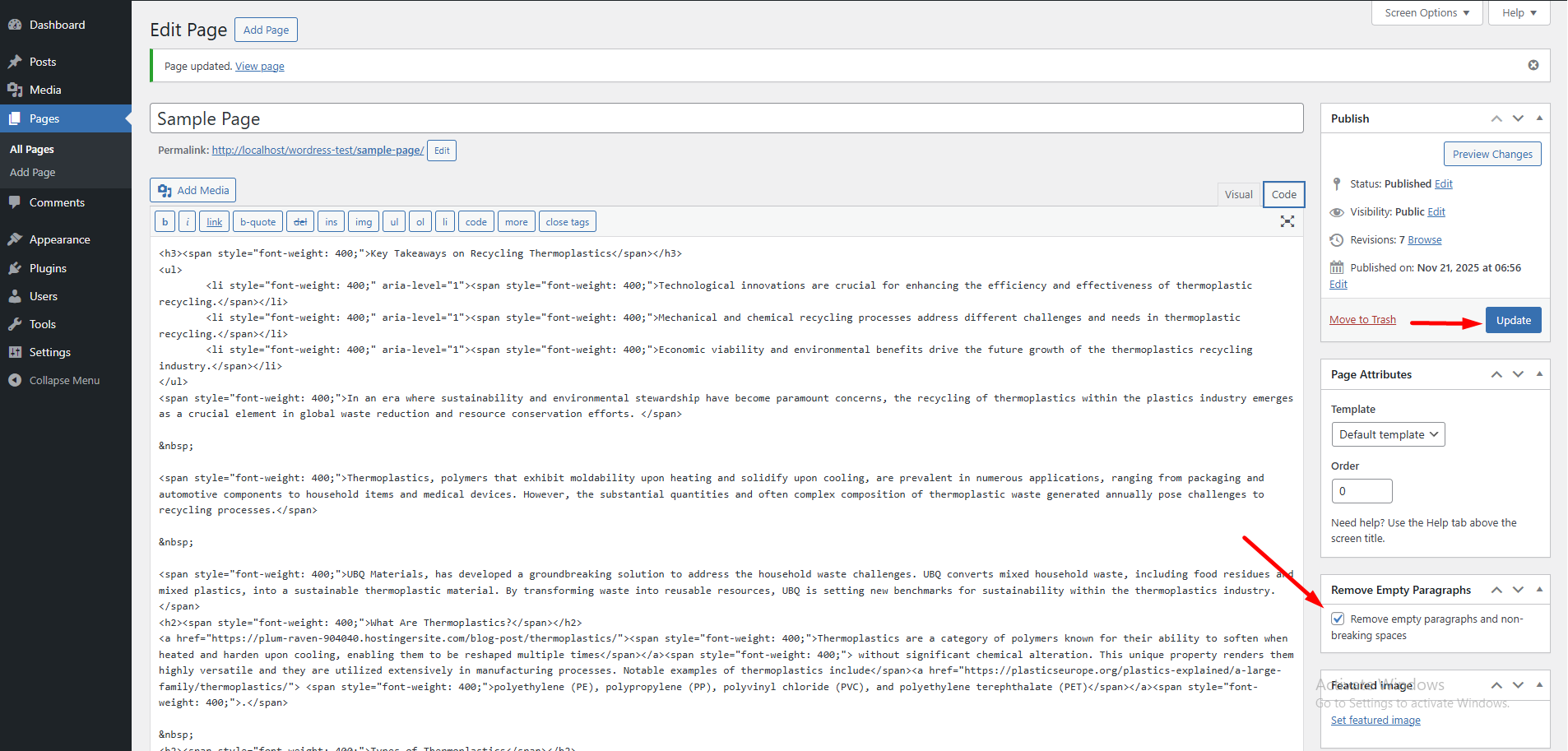 Cleaned HTML content in the WordPress editor after removing empty paragraphs and nbsp entries.