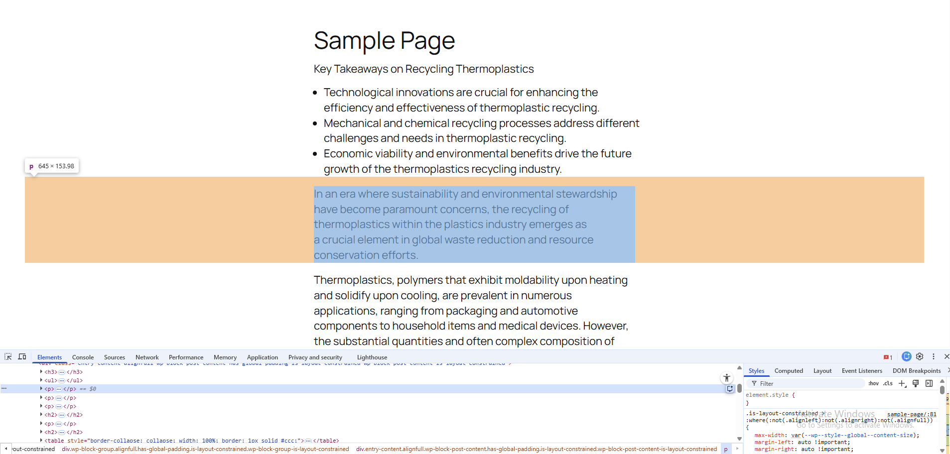 Frontend view of the WordPress page showing no extra spacing after empty paragraphs are removed.