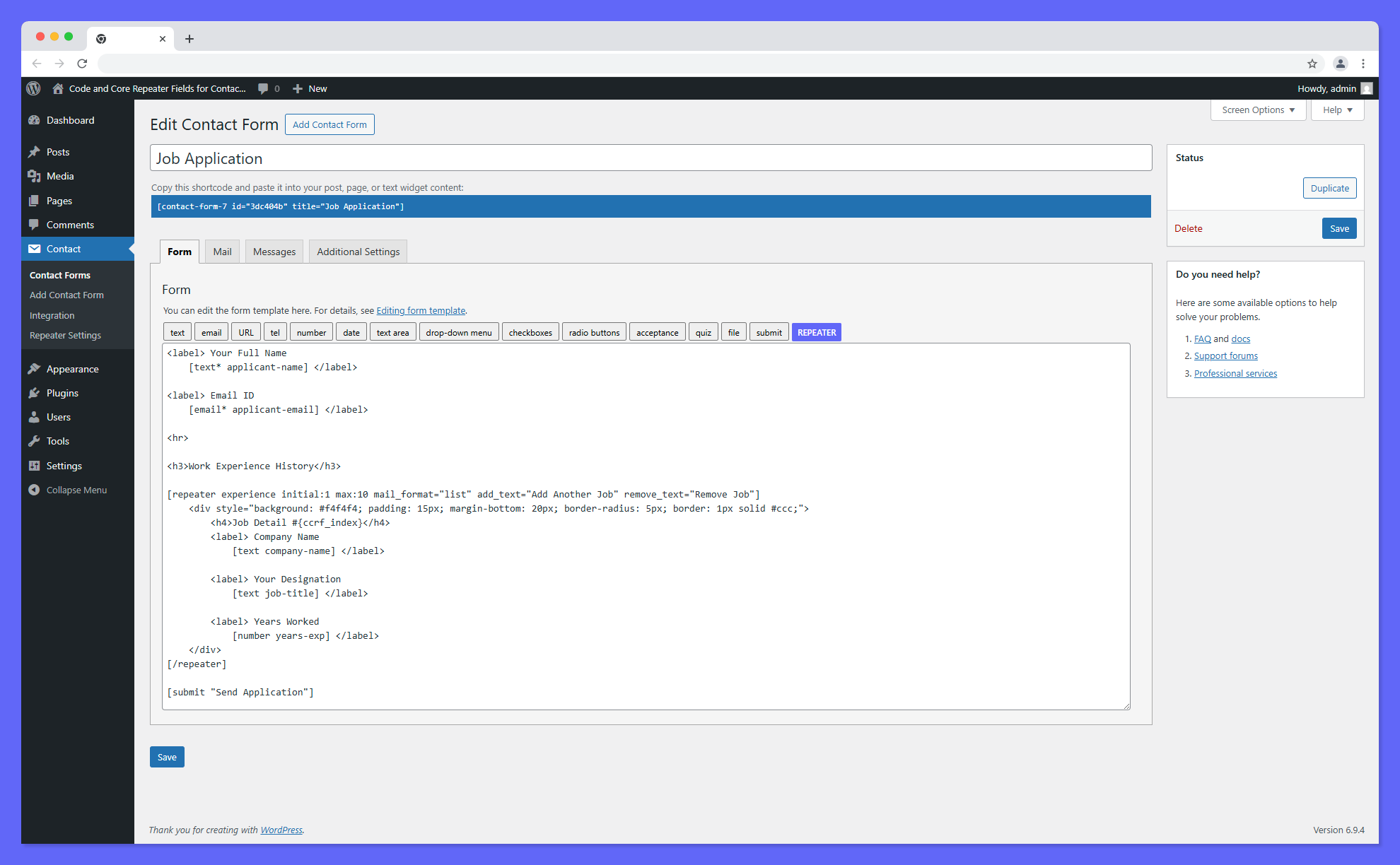 **Manual Mode Editor:** The backend view showing the standard `[repeater]` shortcode structure with manual row controls.