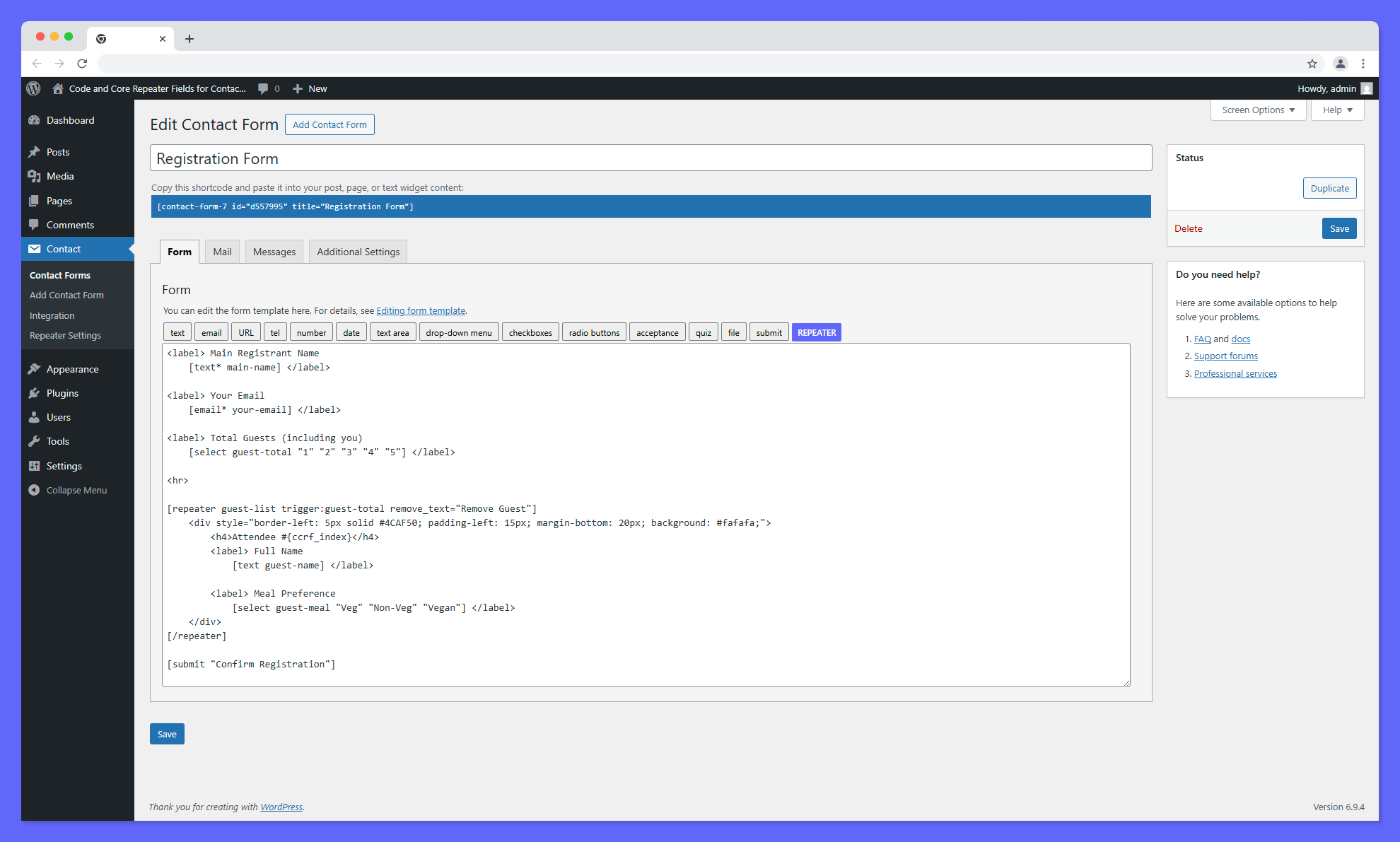 **Auto-Trigger Editor:** How the `trigger` attribute looks inside the CF7 editor, linked to a numeric input field.