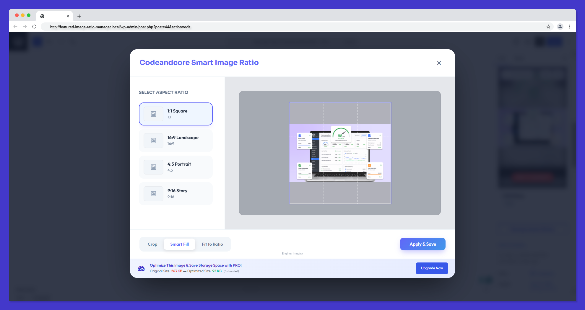 **Post Editor Panel**: Interactive Cropper.js interface launched directly from the Featured Image sidebar for pixel-perfect adjustments.