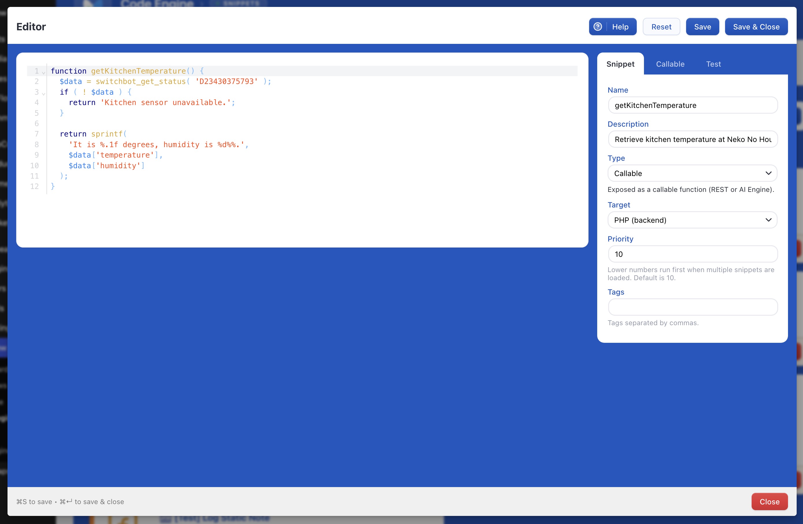 The editor: a Callable function with live syntax highlighting. One setting exposes it over REST and to AI Engine.