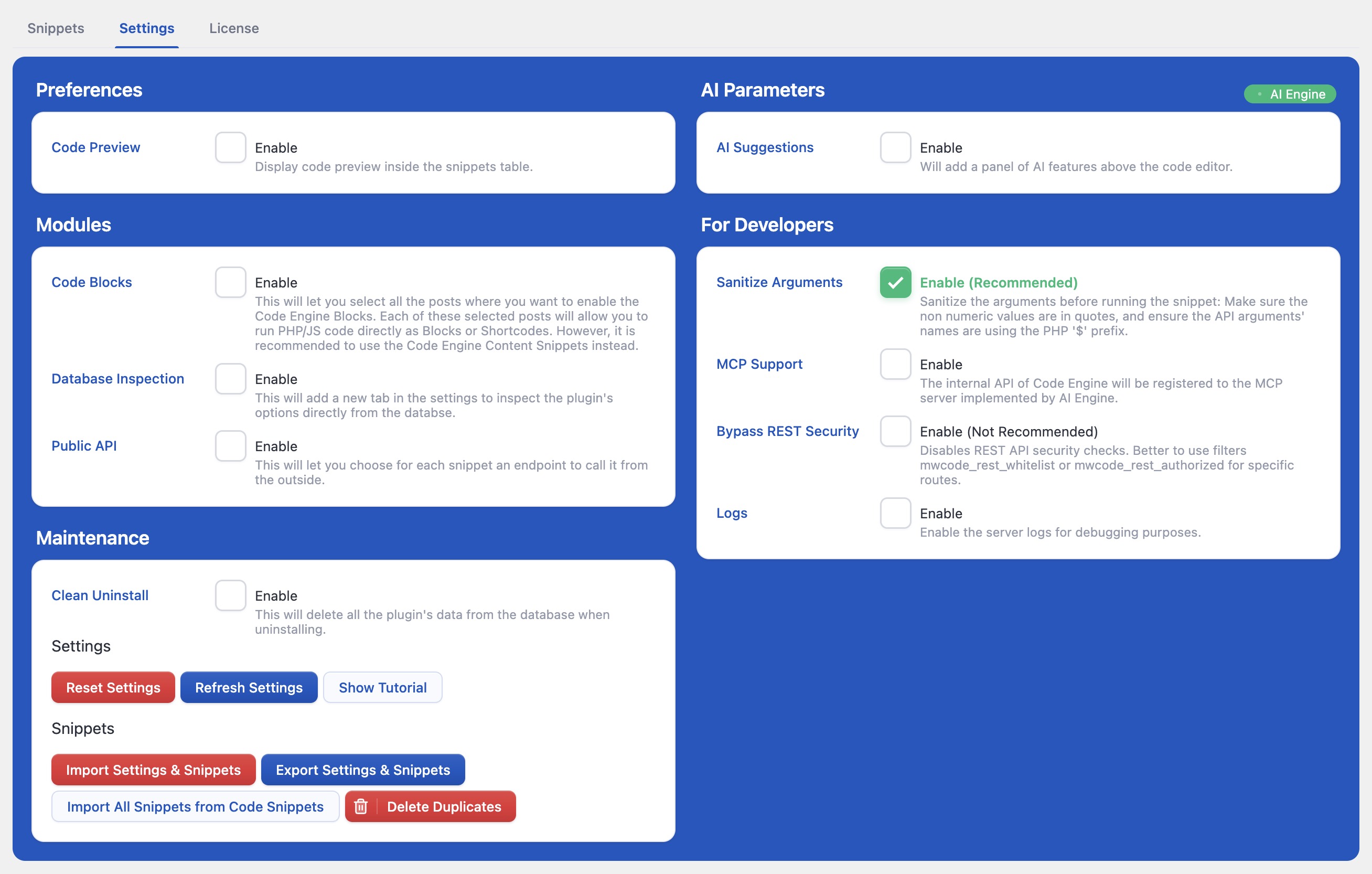 Settings: MCP support, a public REST API, Safe Mode, and developer options.
