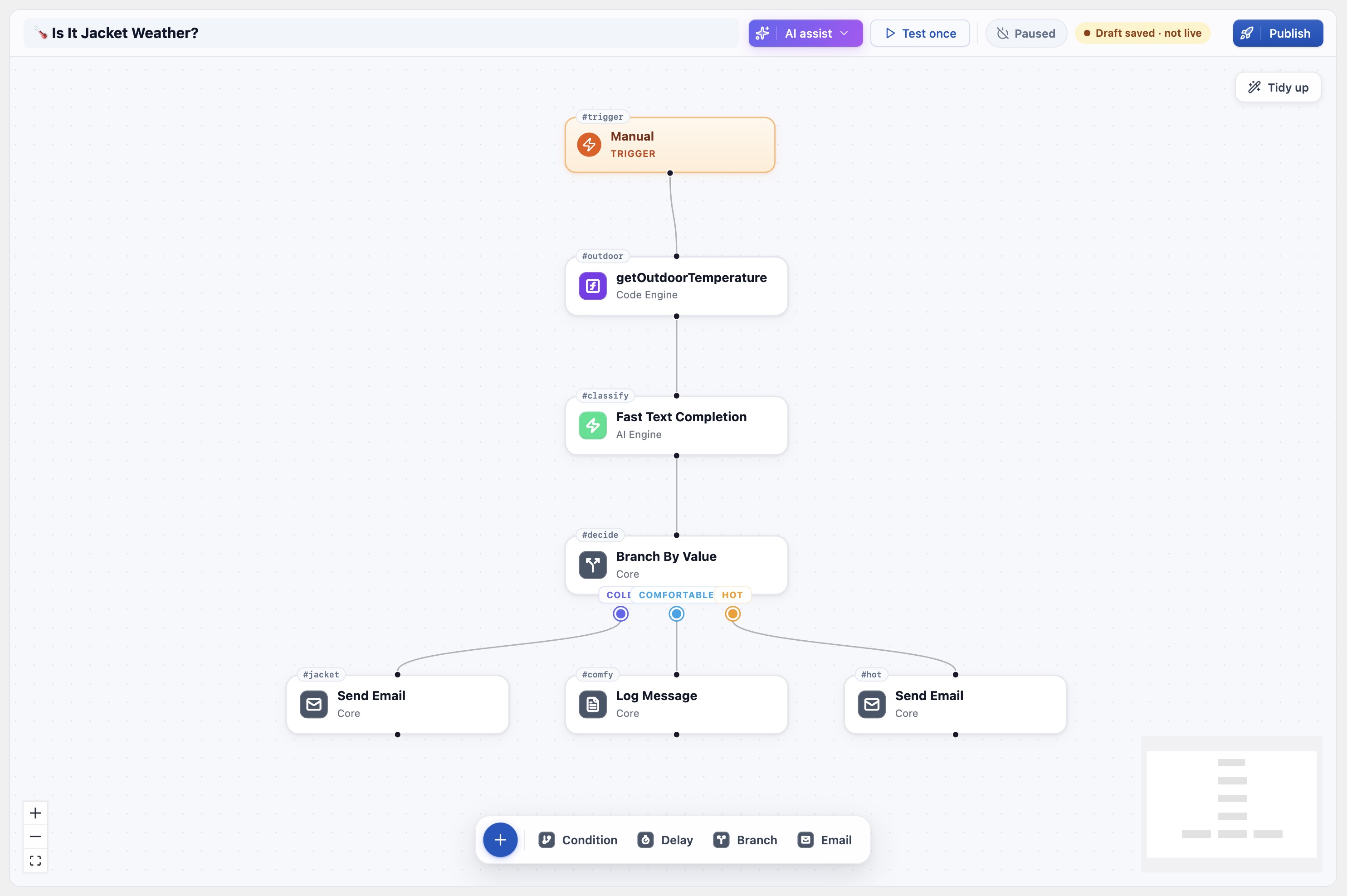 The payoff: your getOutdoorTemperature function running as a step inside a Workflow Engine workflow.