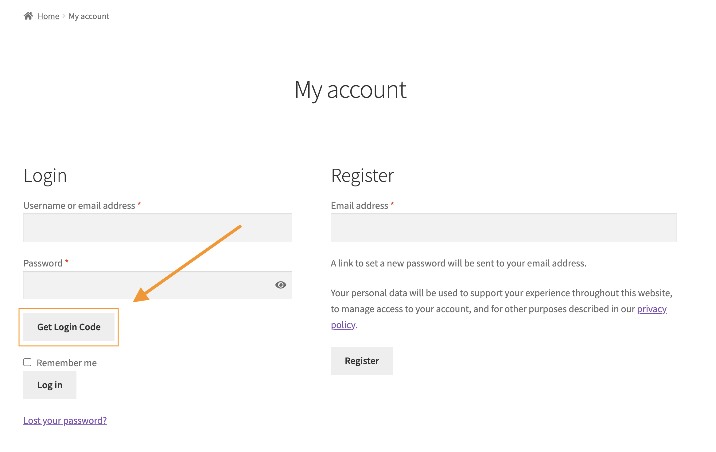 Get Login Code on "my account" login screen