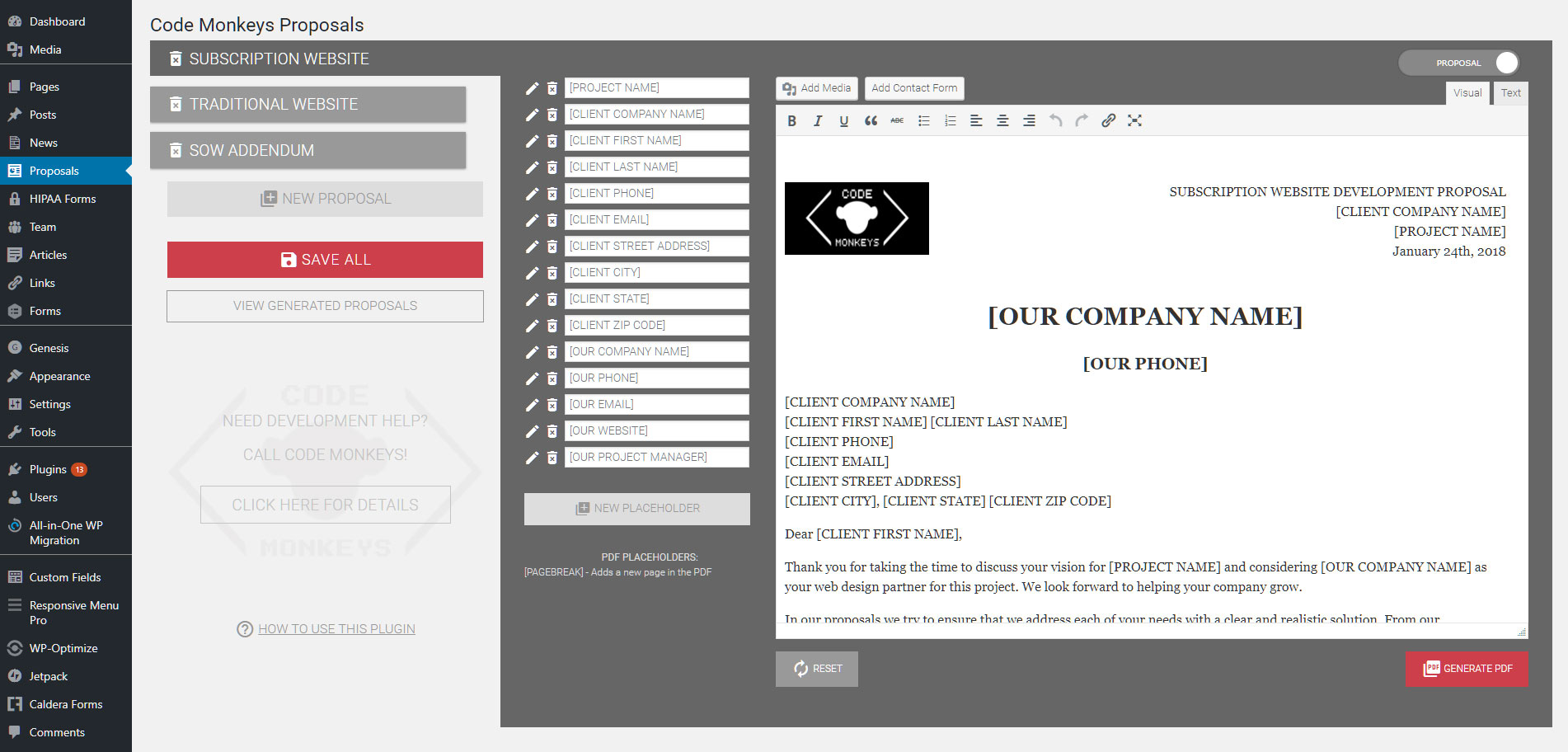 This shows the WP admin dashboard interface for the plugin.