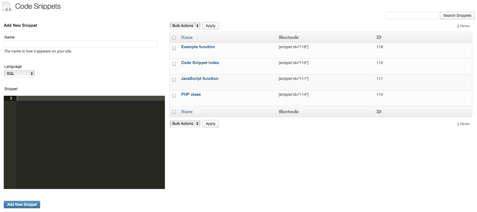 Snippet management screen using the built-in taxonomy UI.