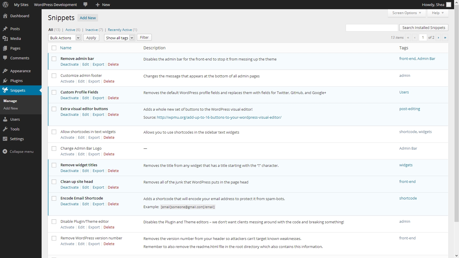 The tags column in the snippets table