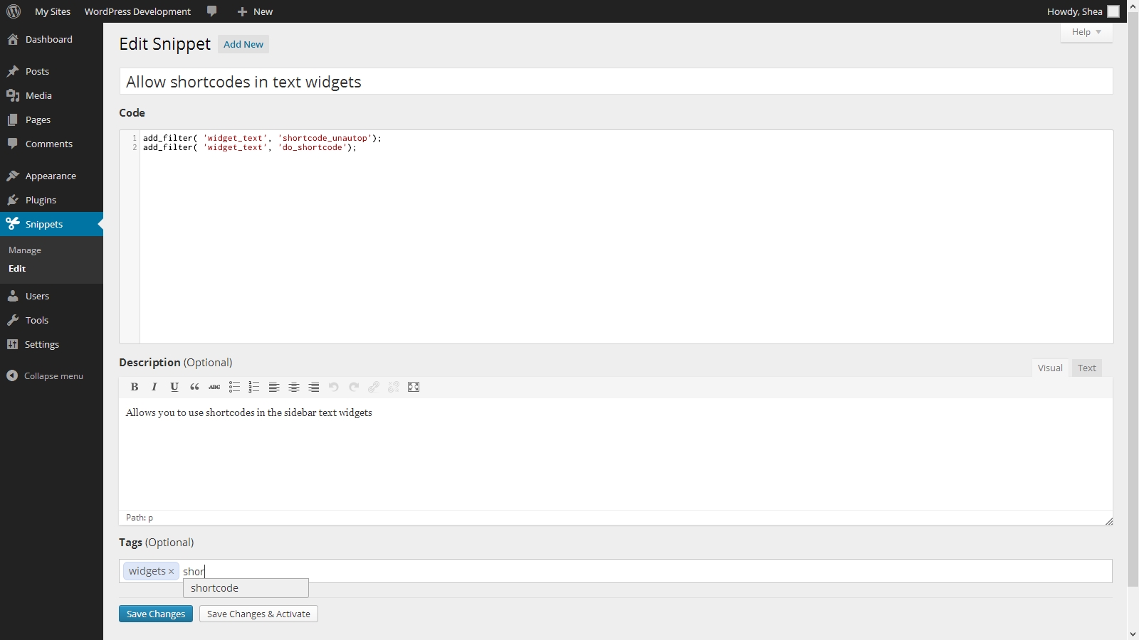 Editing a snippet's tags