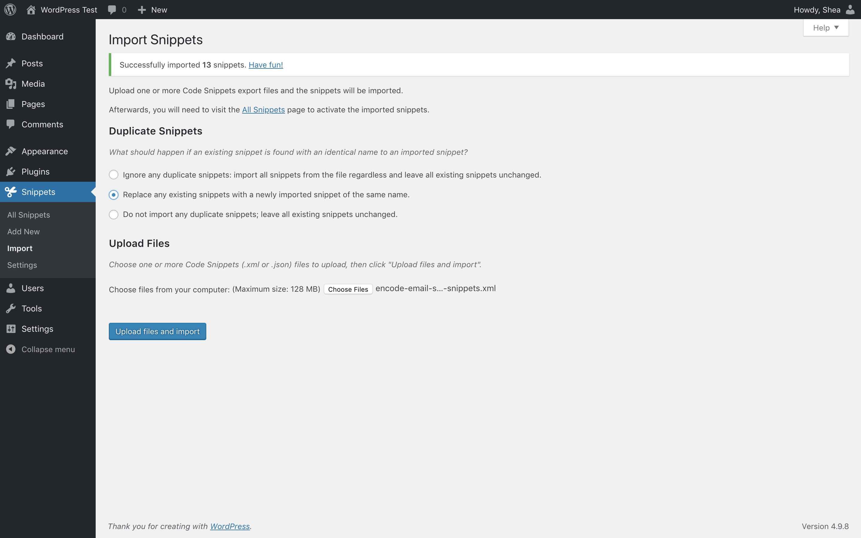 Importing snippets from an export file
