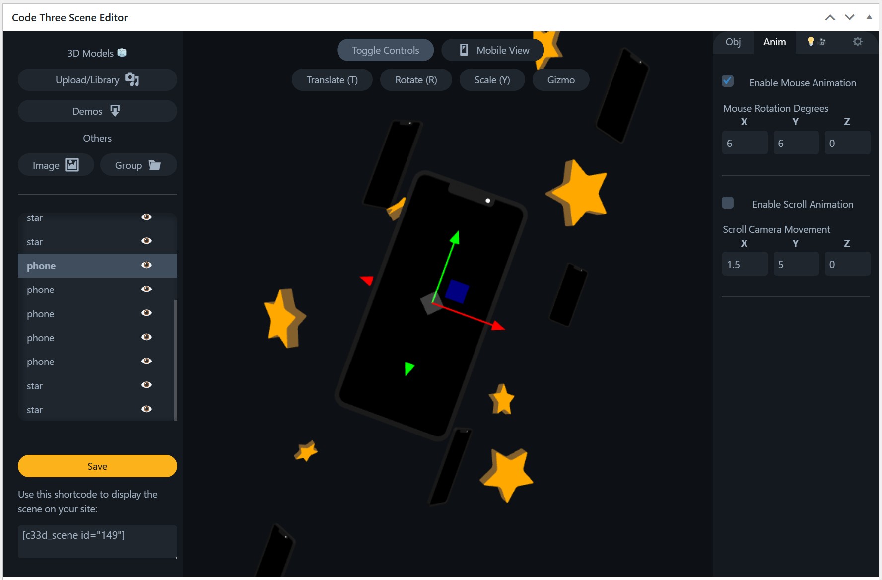 Multi object (demo scene 'Scrolling Phones'). Animation tab active on right.