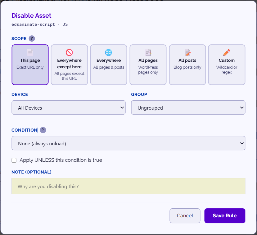 Rule creation dialog with match type, device, and condition options