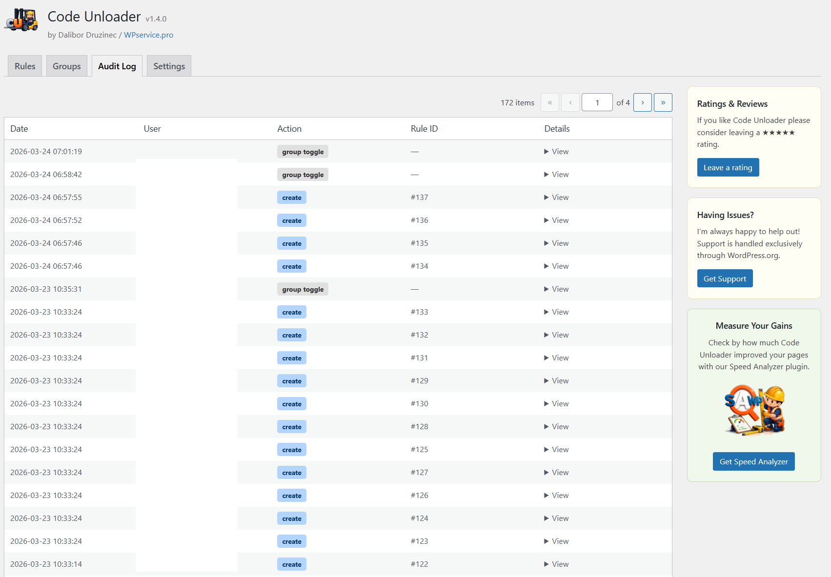 Admin screen — Audit Log tab