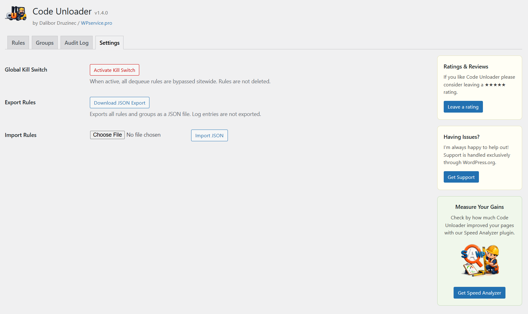 Admin screen — Settings tab with kill switch