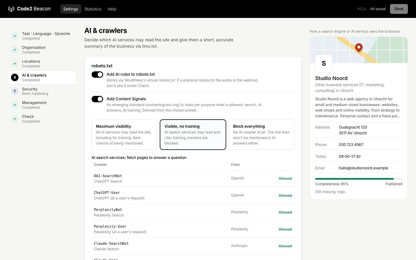 AI crawler presets for robots.txt.
