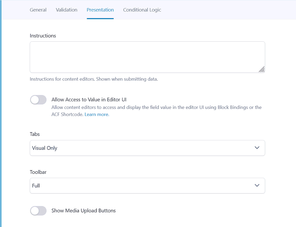 Recommended ACF (Advanced Custom Fields) field settings.