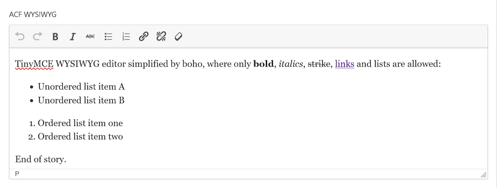 Streamlined TinyMCE editor interface in an ACF field.