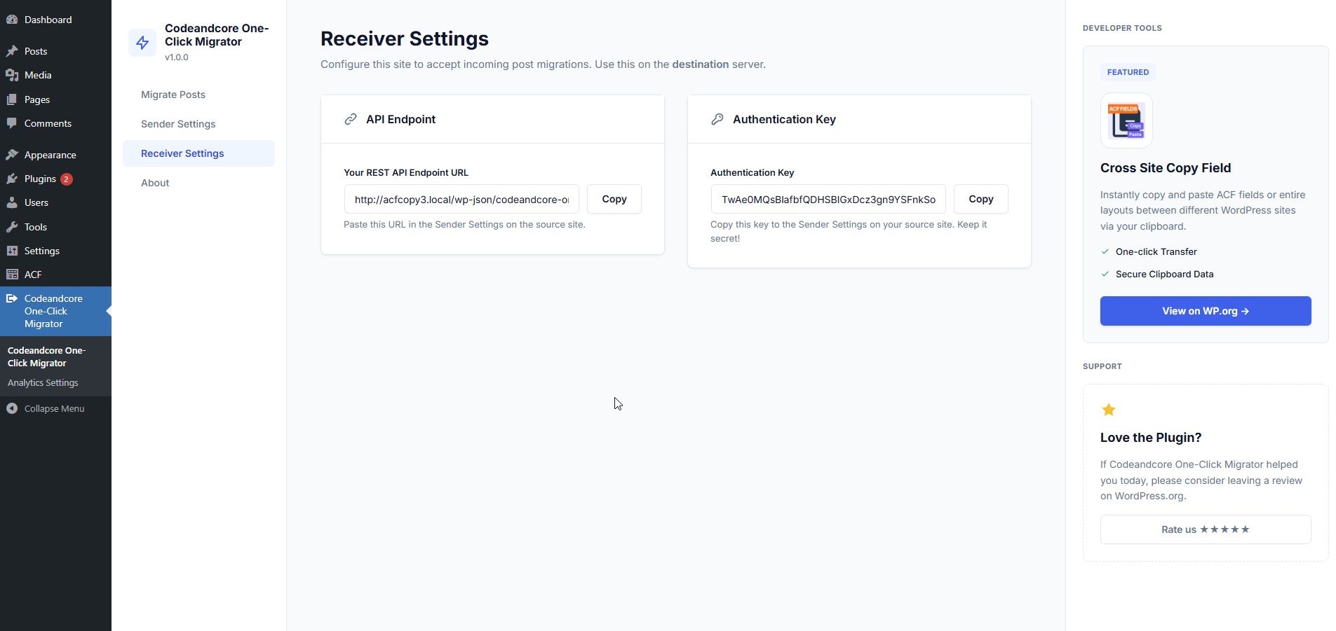 **Receiver Settings** — Generate secure Auth Keys and view your REST API endpoint.