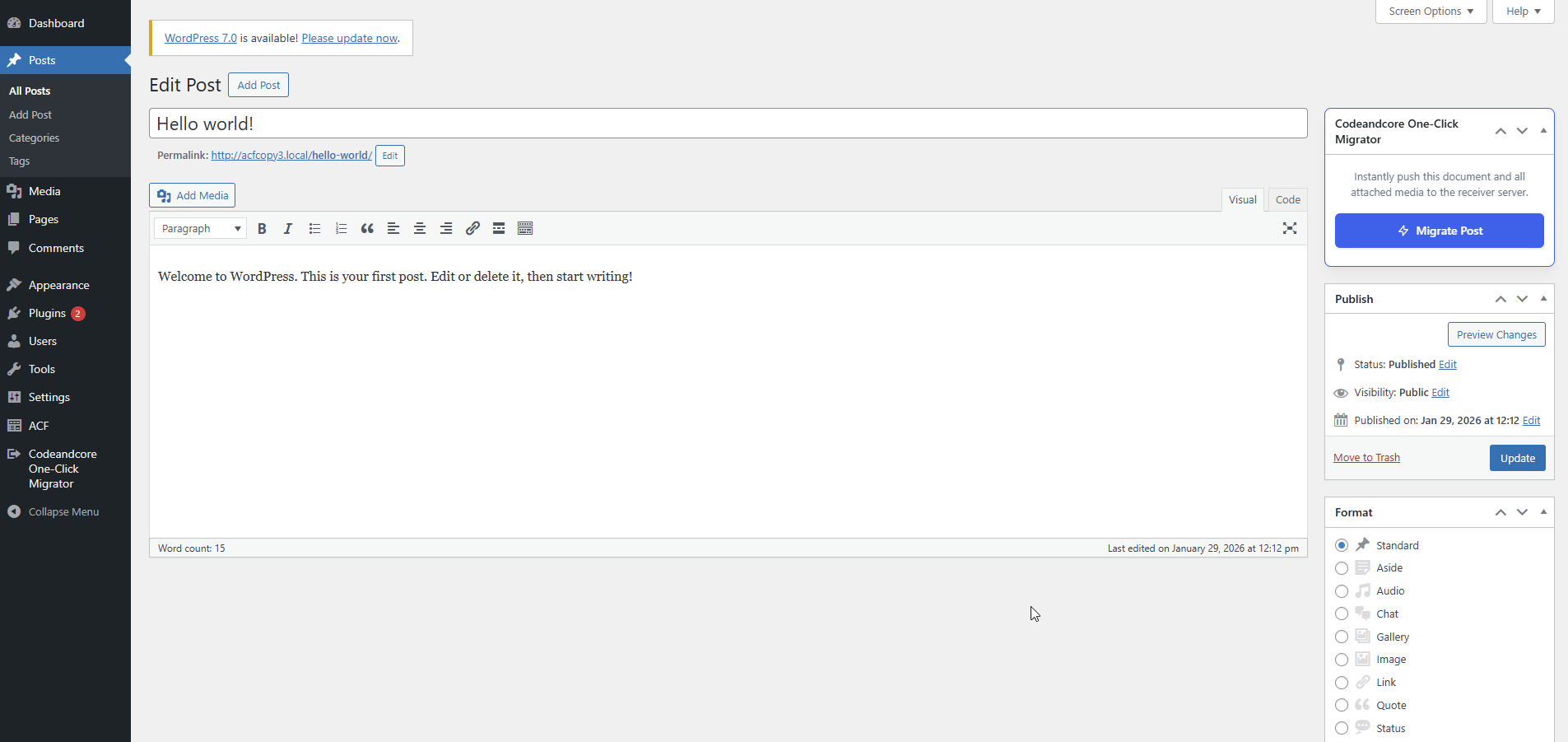 **Post-Level Migration** — Quick-action "Migrate" link directly in the post list table.