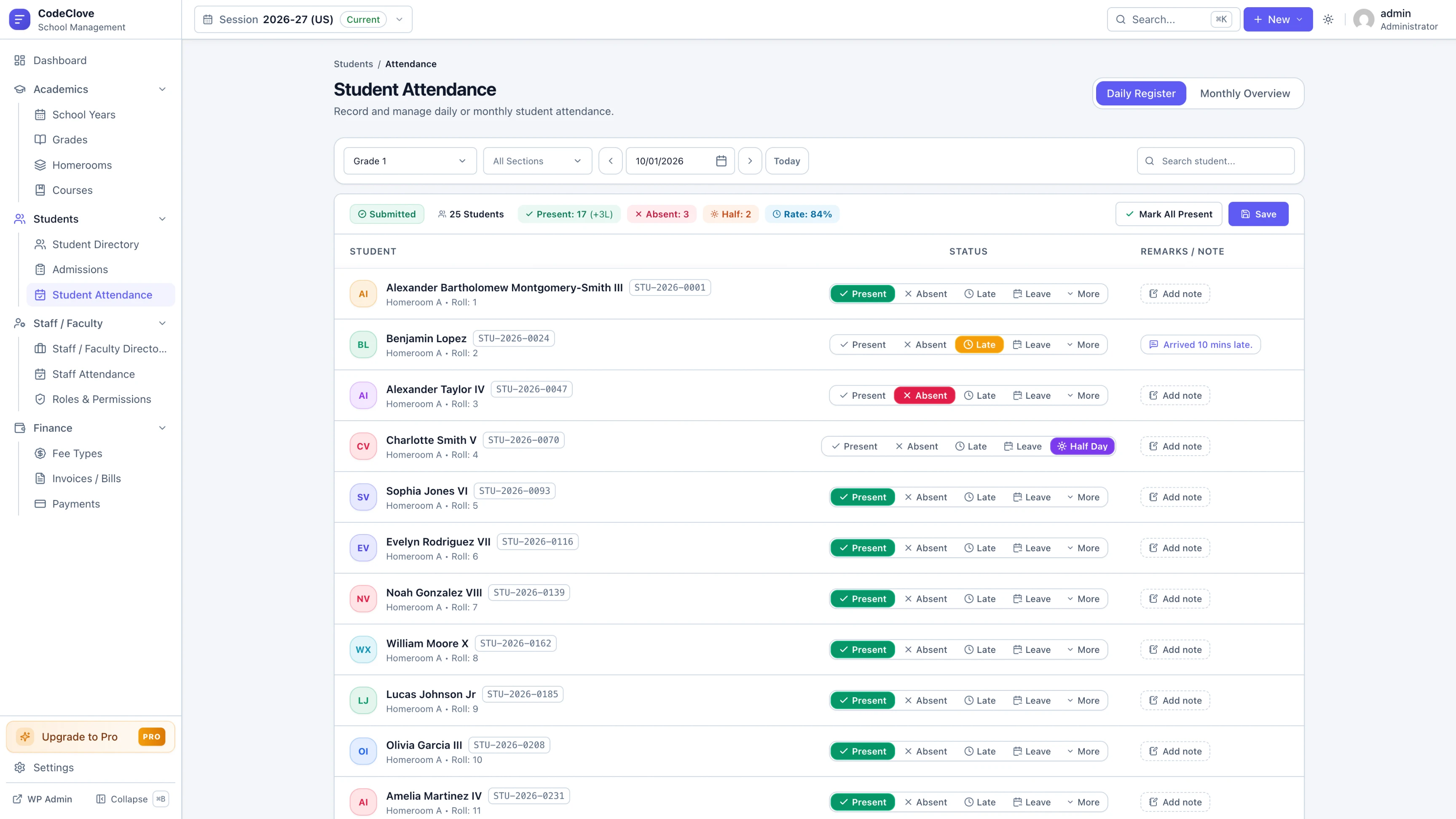 Daily attendance register — one-click marking with Present, Absent, Late, and Excused statuses.