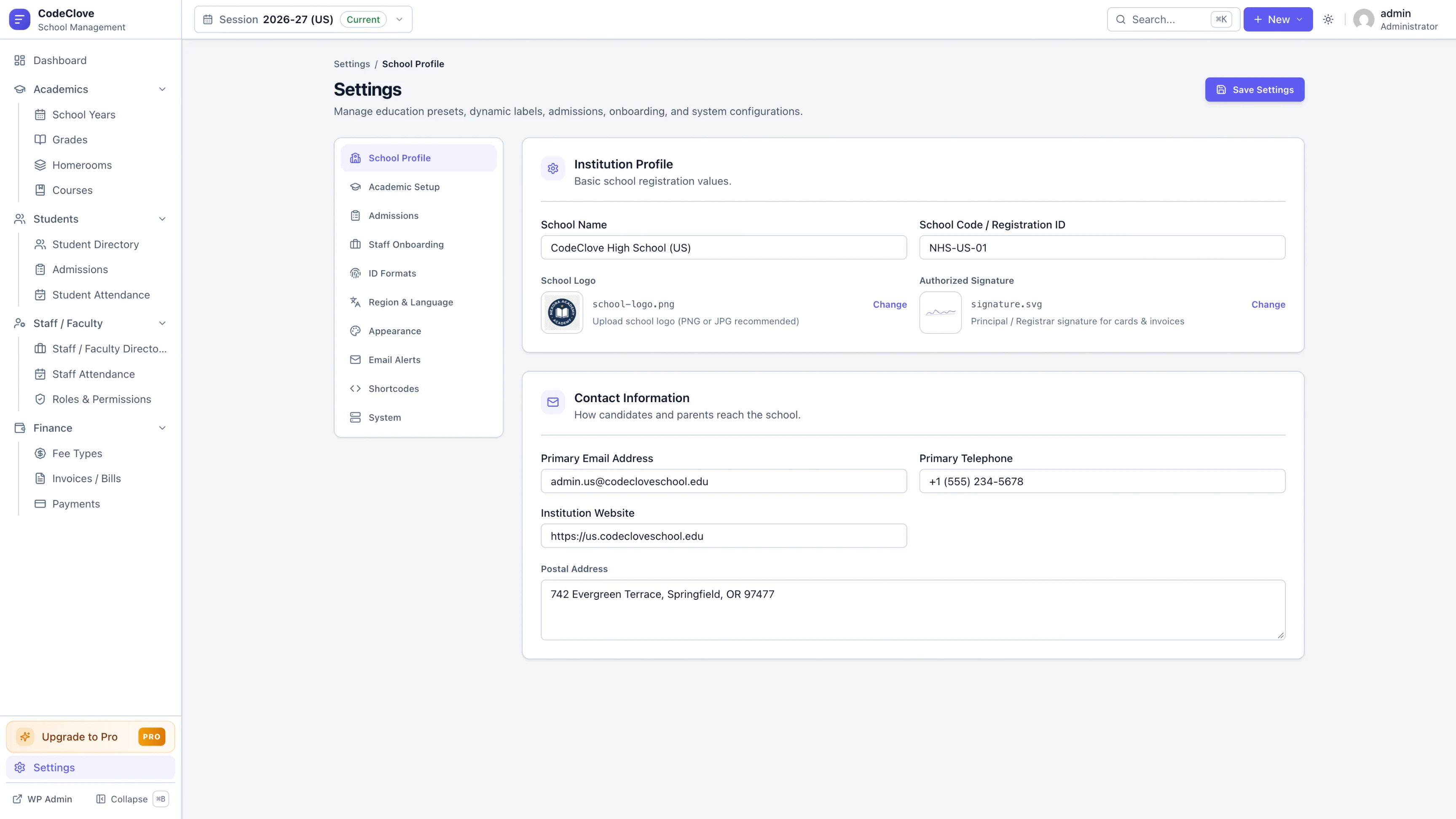 Academic management — sessions, classes, units, and subjects with country presets.